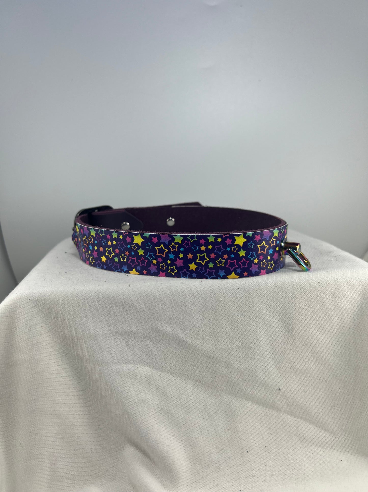 Rainbow Star Patterned Purple Base Leather Collar