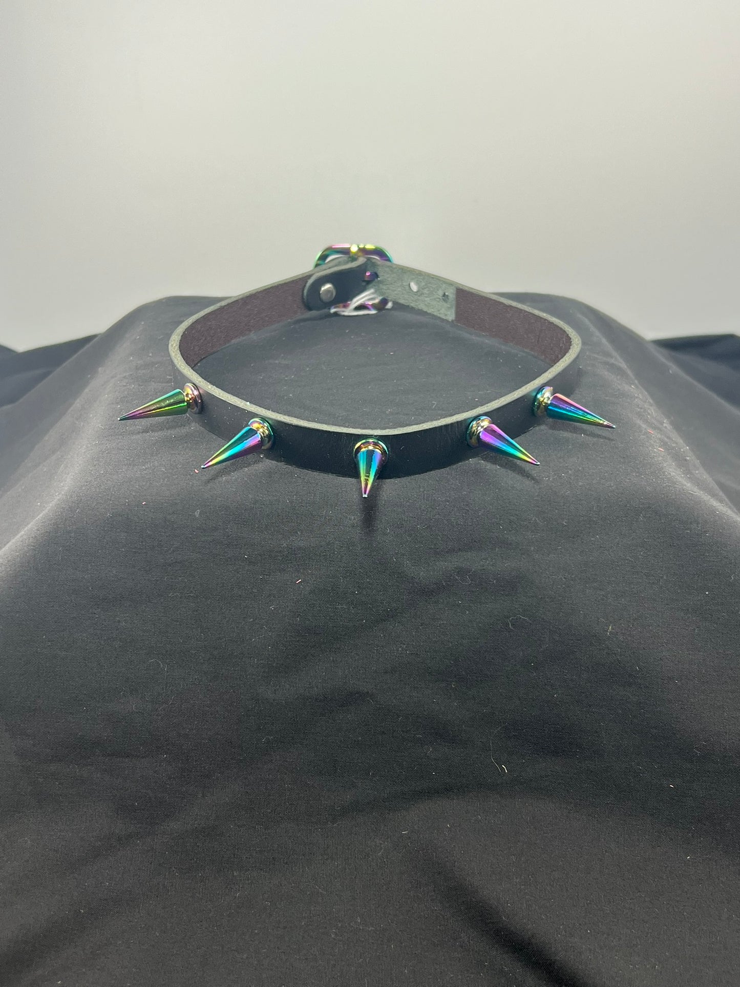 Long Rainbow Spikes Black Base Leather Choker