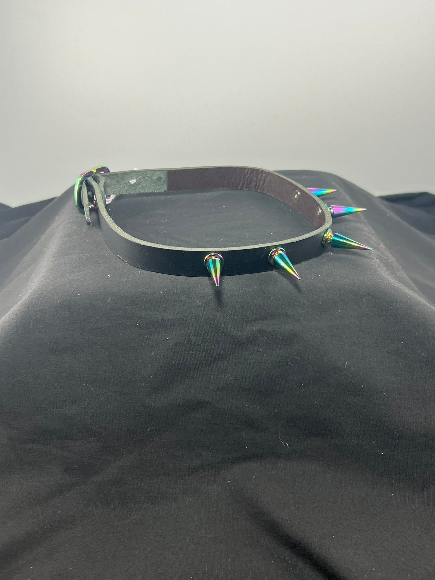 Long Rainbow Spikes Black Base Leather Choker