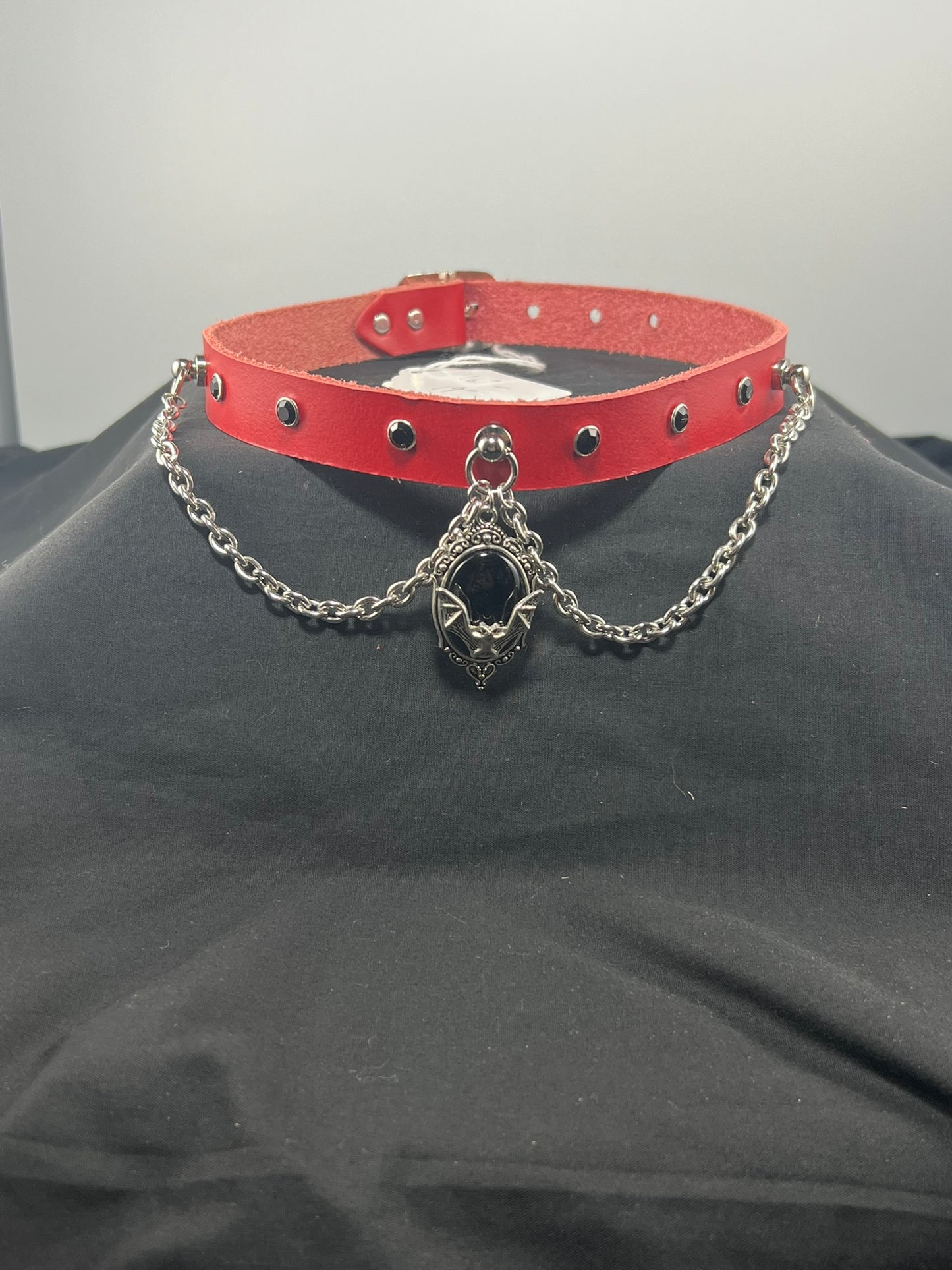 Bejeweled Bat Red Leather Choker