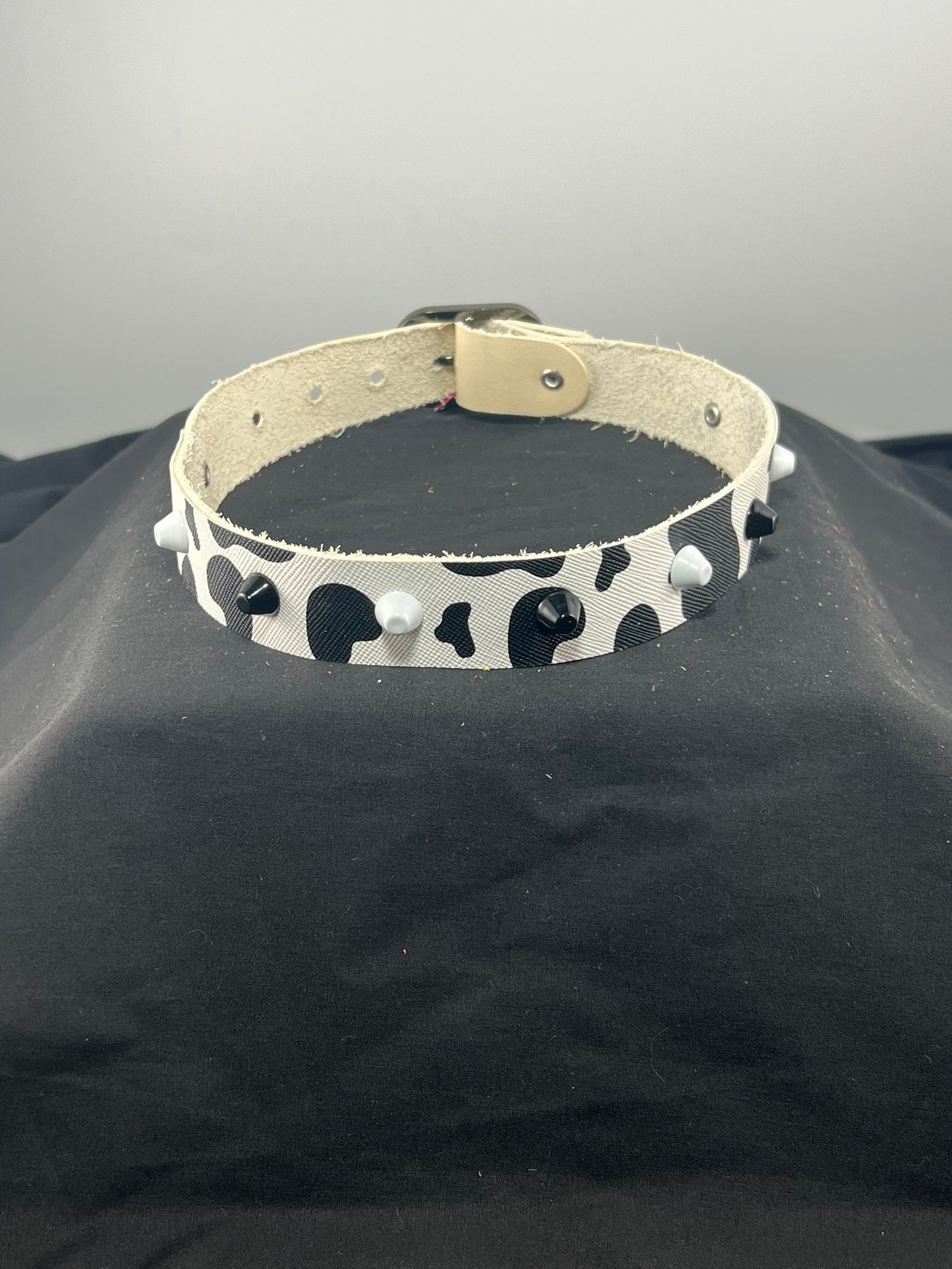 Studded Cow Patterned White Base Leather Collar