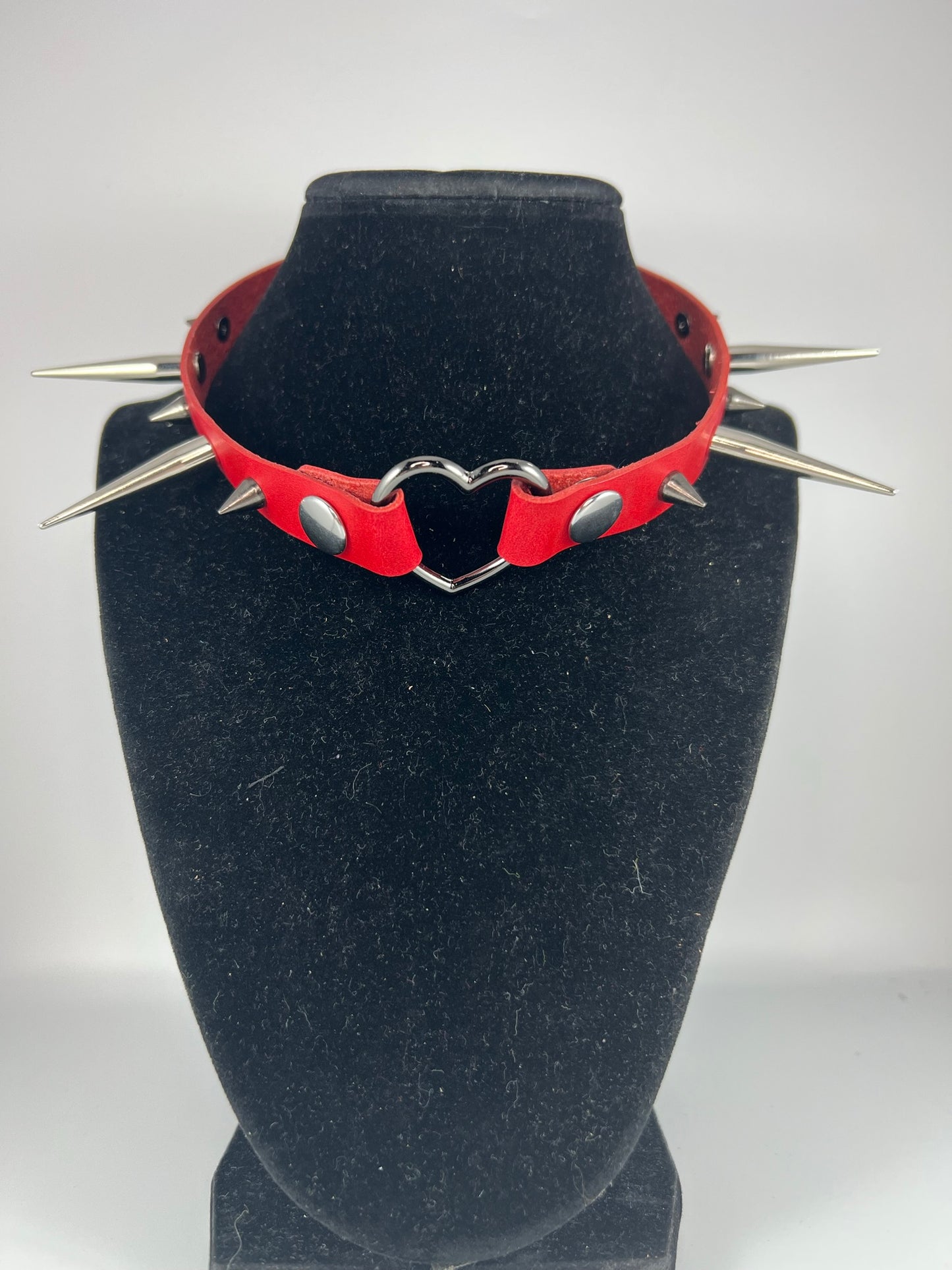 Black and Silver Spiked Leather Heart Ring Choker