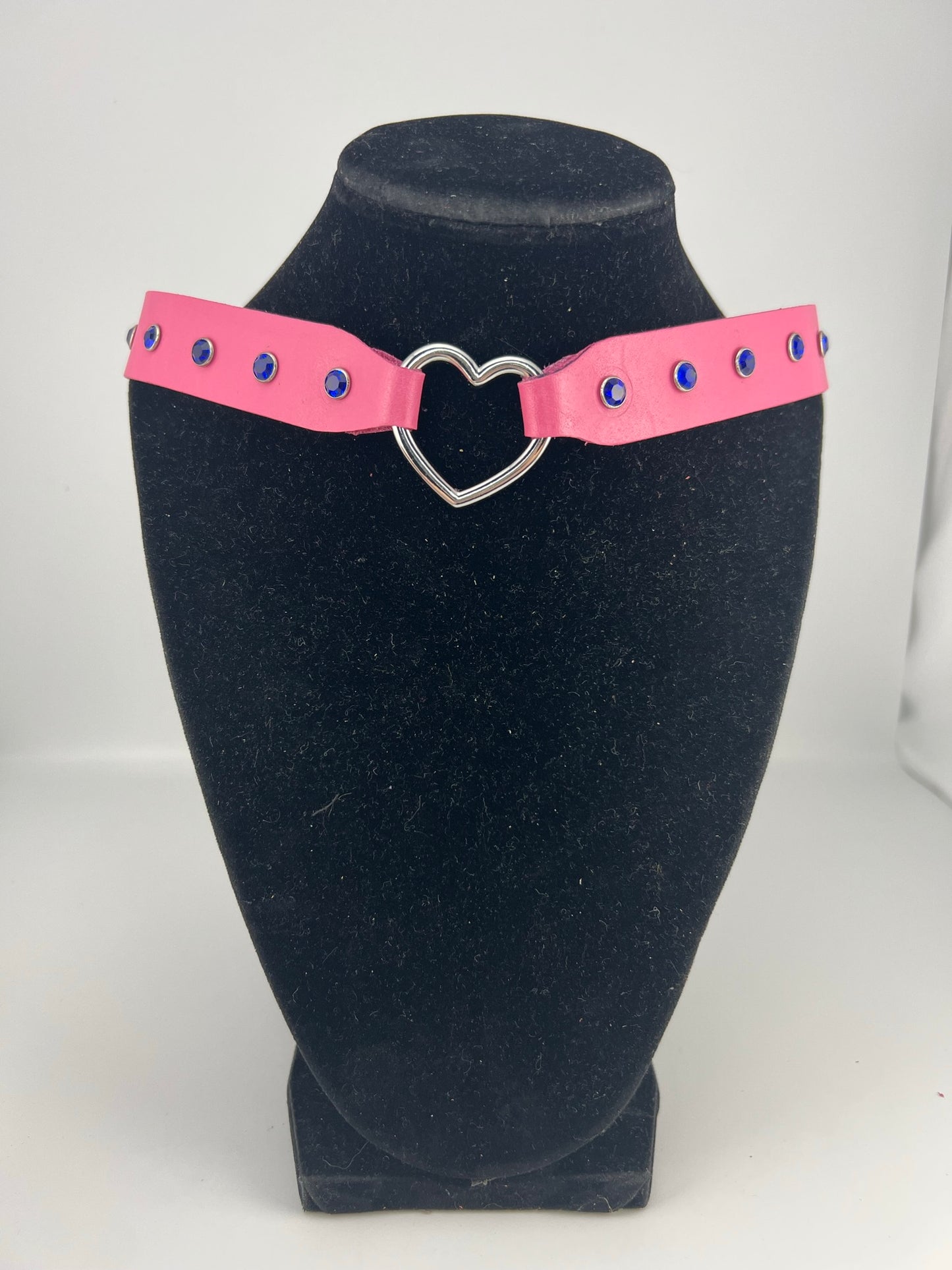 Pink Leather Heart Ring Choker with Rhinestone Rivets