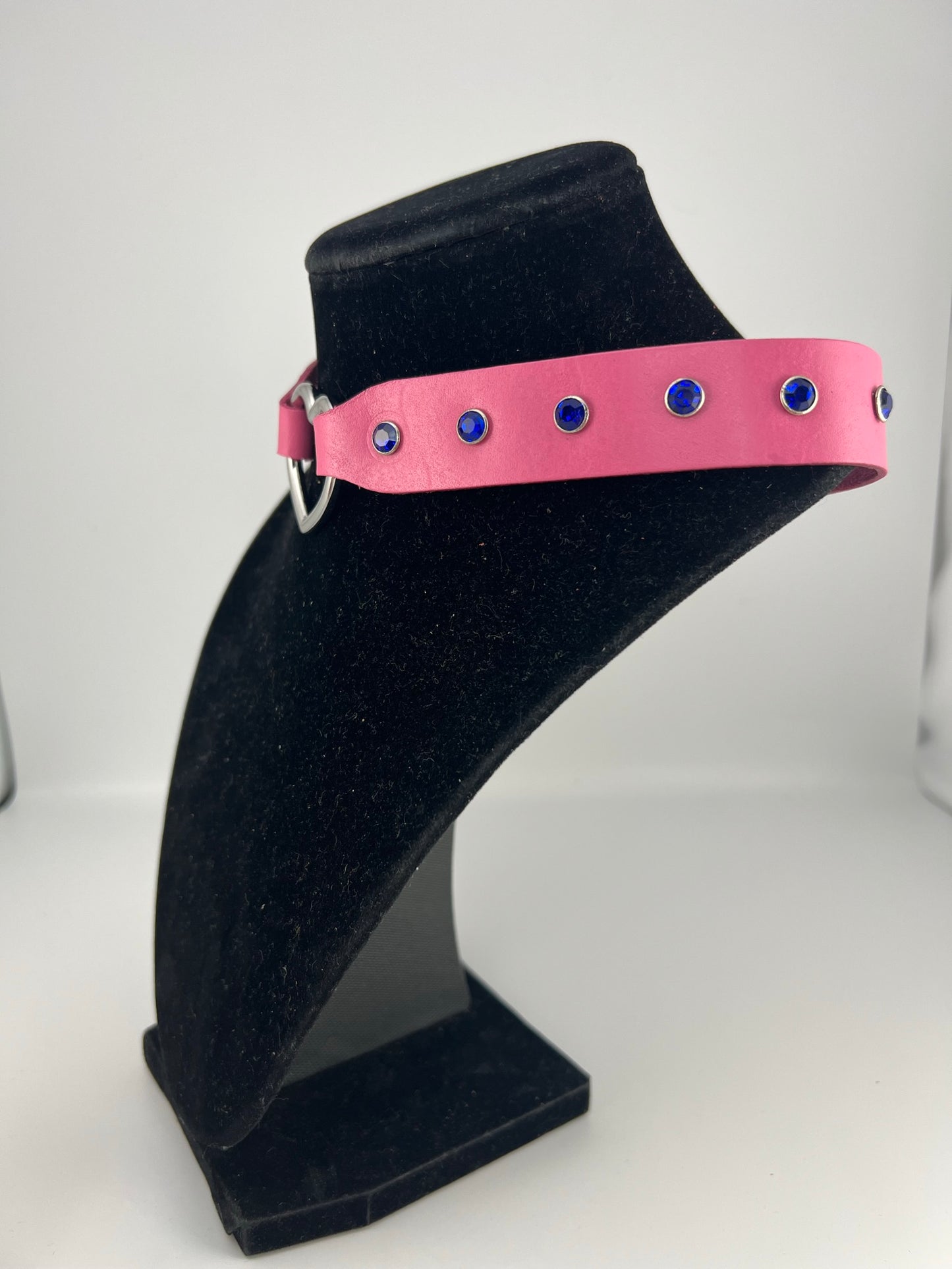 Pink Leather Heart Ring Choker with Rhinestone Rivets
