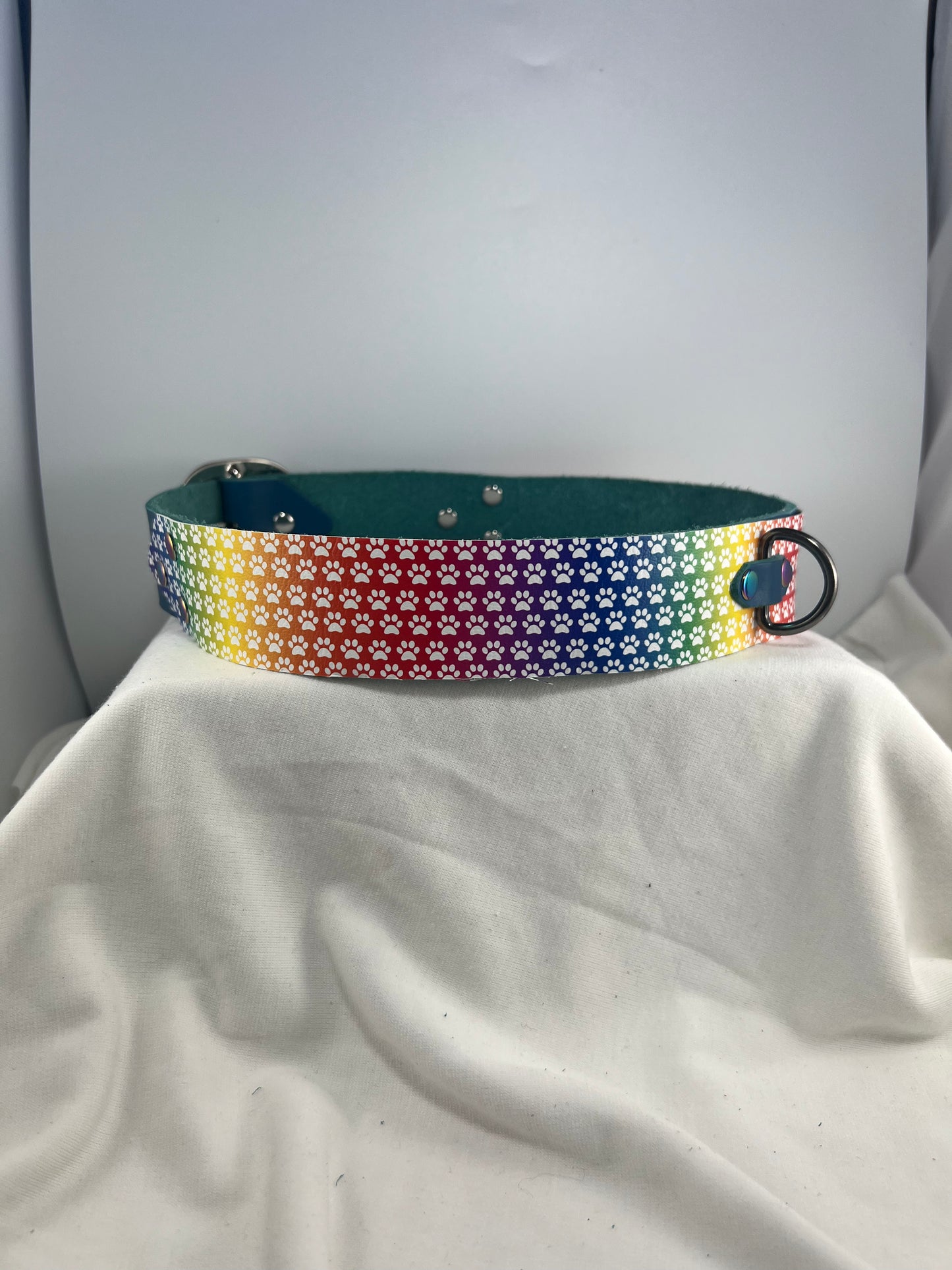 Thick Rainbow Paw Patterned Blue Base Leather Collar