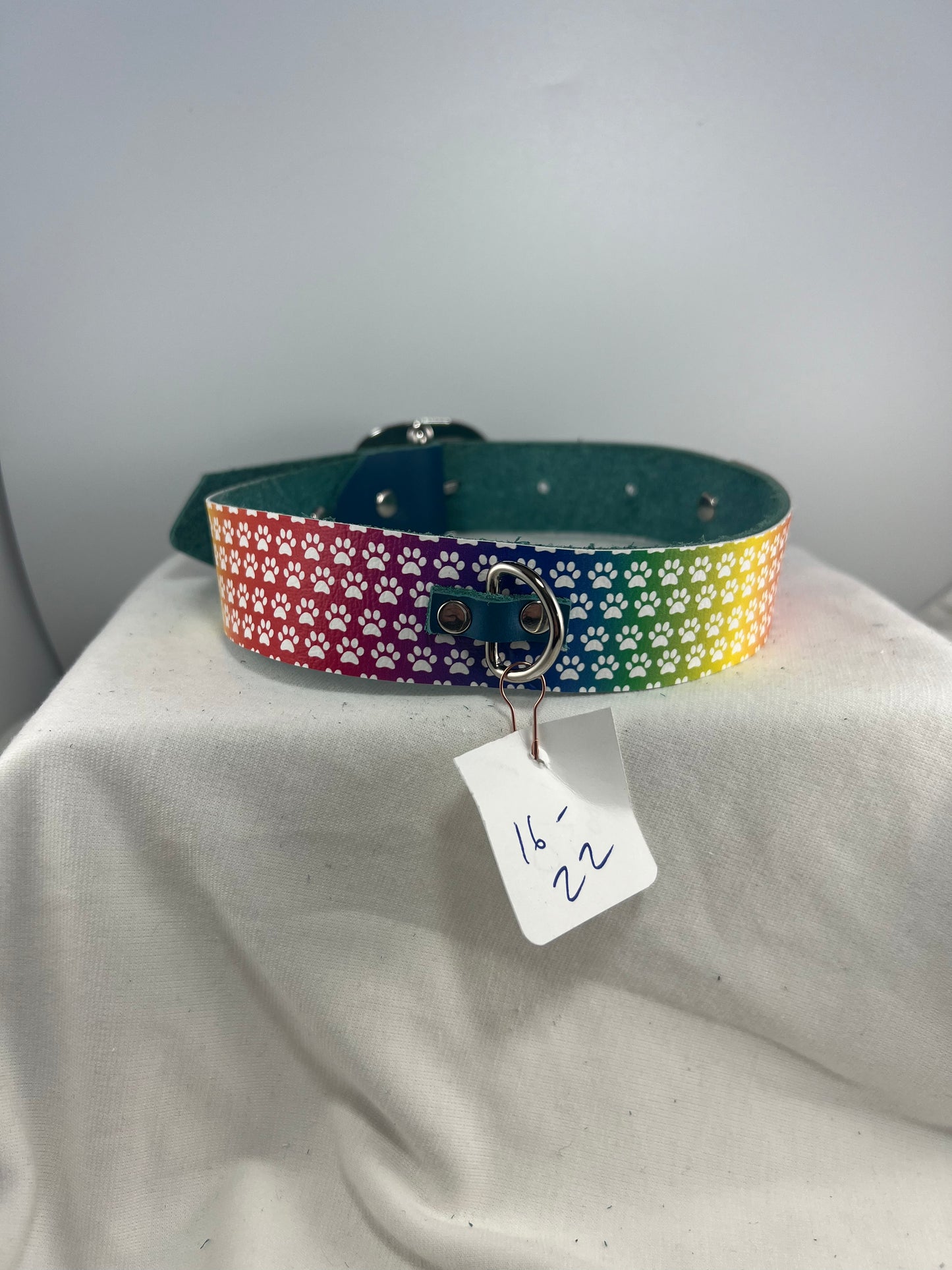 Rainbow Paw Patterned Blue Base Leather Collar