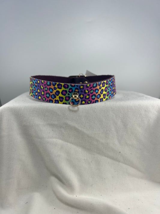 Rainbow Leopard Print Patterned Purple Base Leather Collar