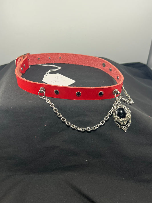 Bejeweled Bat Red Leather Choker