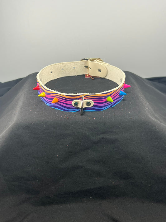 Spiked Rainbow Zebra on White Leather Collar