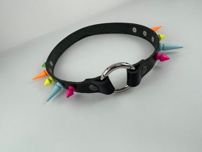 Rainbow Spiked Leather Heart Ring Choker
