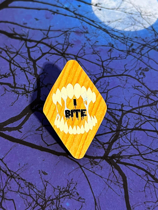 I Bite Monster Wood Pin