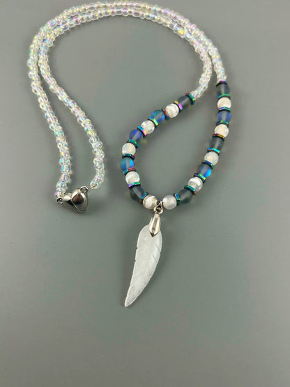 OOAK White Jade Feather Necklace w/ Aura Glass and Agate