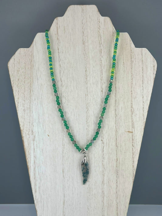 OOAK Moss Agate Feather Necklace w/ Labradorite and Aventurine