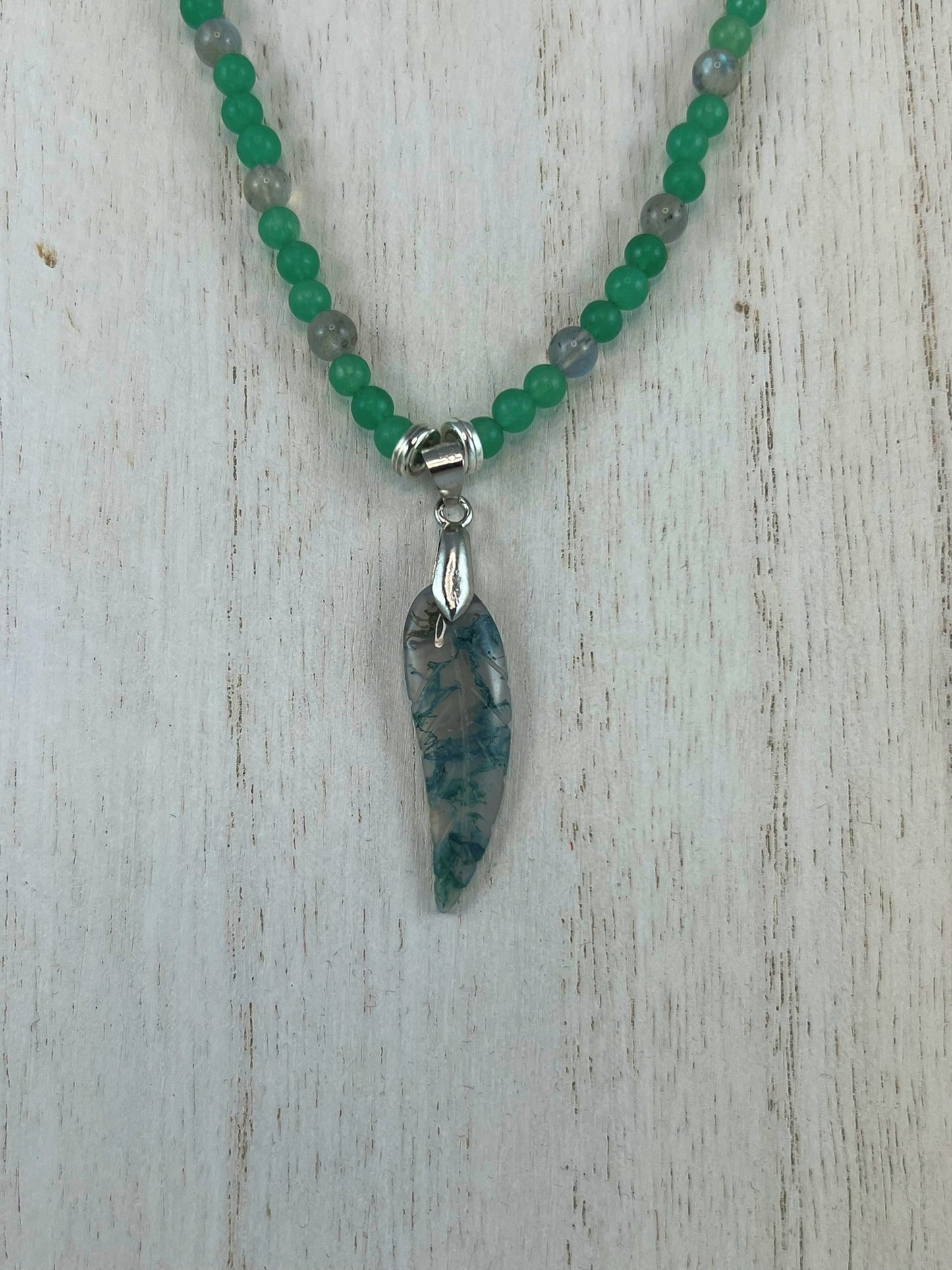 OOAK Moss Agate Feather Necklace w/ Labradorite and Aventurine
