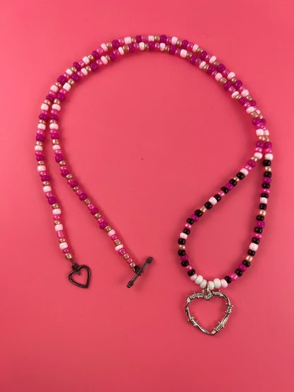 OOAK Pink and Black Barbed Heart Necklace