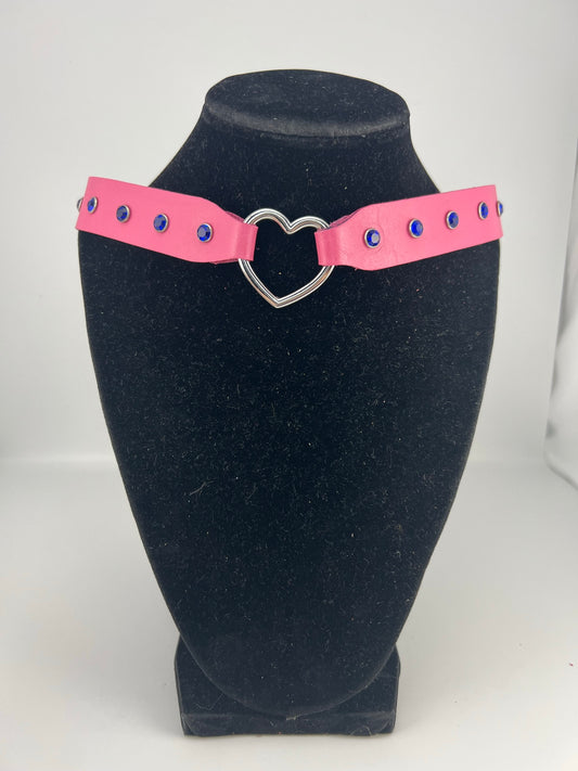 Pink Leather Heart Ring Choker with Rhinestone Rivets