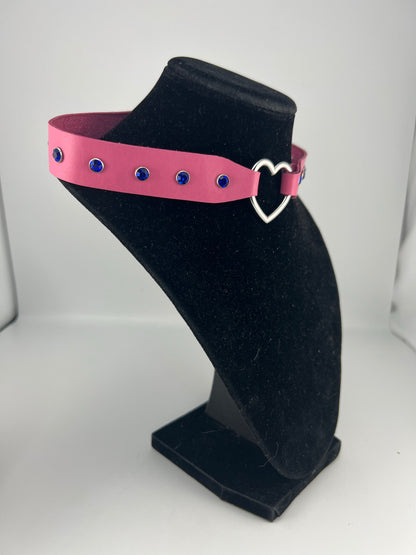 Pink Leather Heart Ring Choker with Rhinestone Rivets